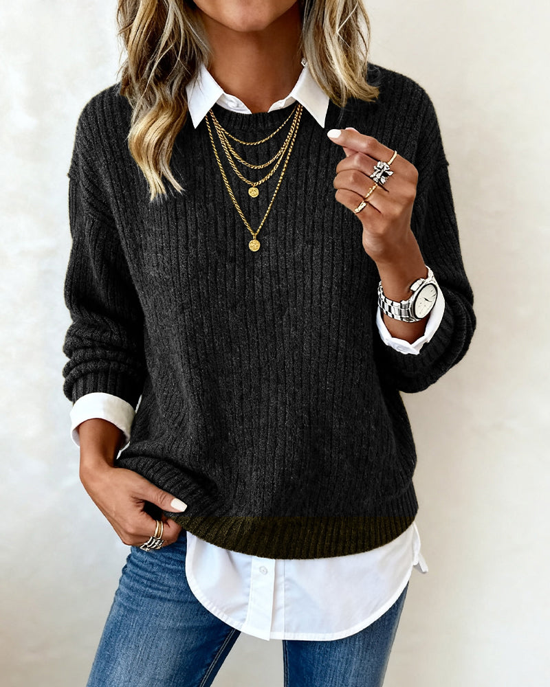 Sweter z koszulakrage w patchworkdesign