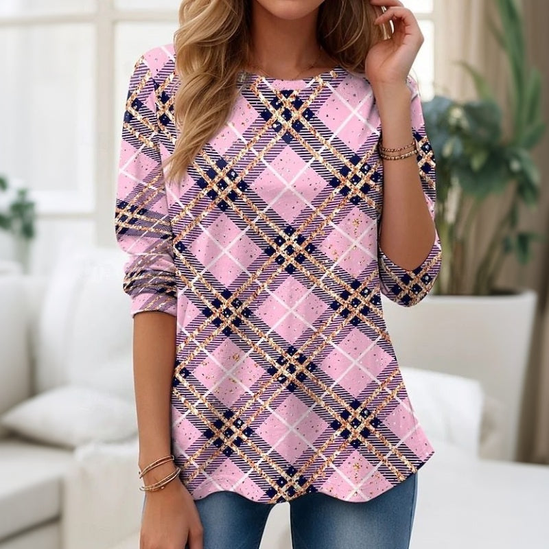 【Długi rękaw】Casualowy T-shirt w kratę
