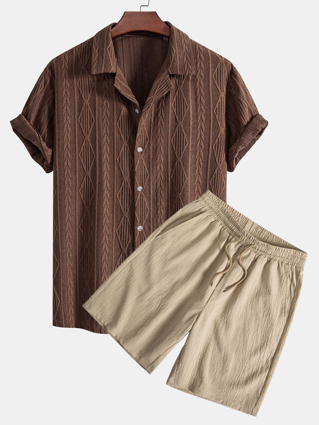 Geometrisk jacquard eyelet cubansk koszula w krøllete tekstur trekksnor krótkie Spodnie