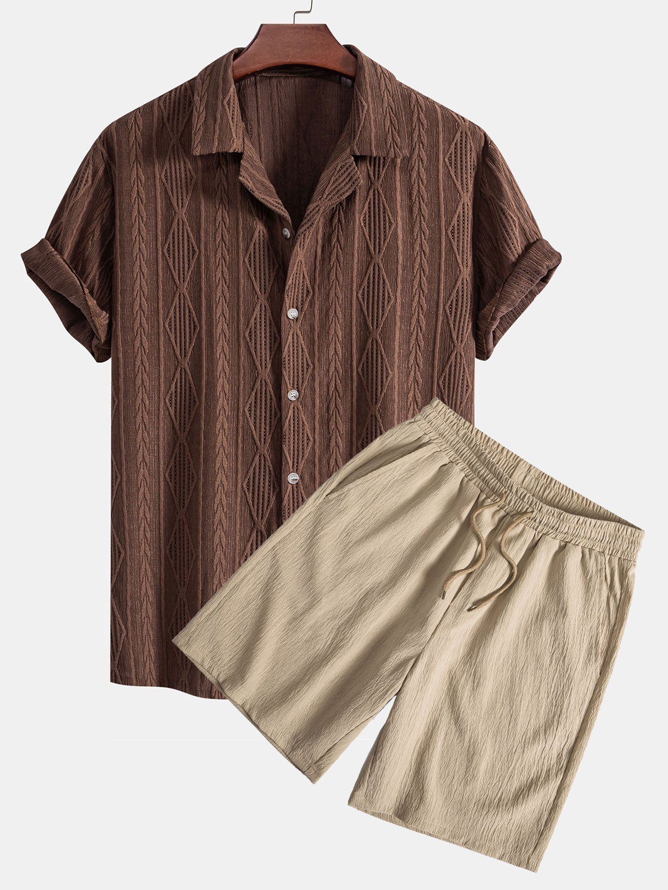 Geometrisk jacquard eyelet cubansk koszula w krøllete tekstur trekksnor krótkie Spodnie