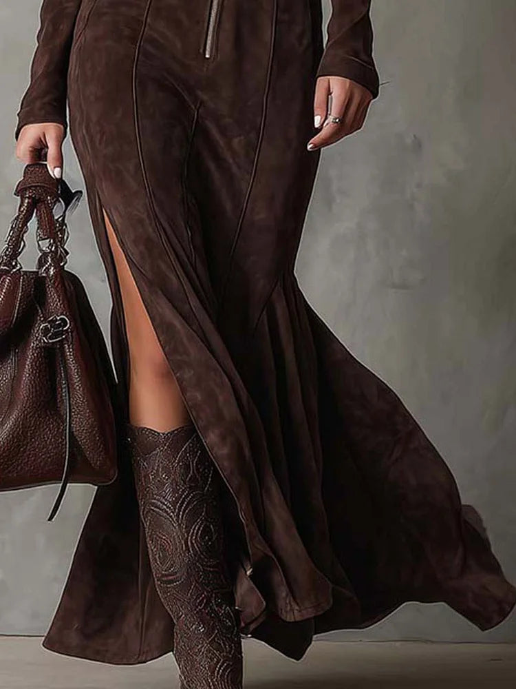 Noreva™ | Stylowy figursydd Sukienka w semsket skinn-look