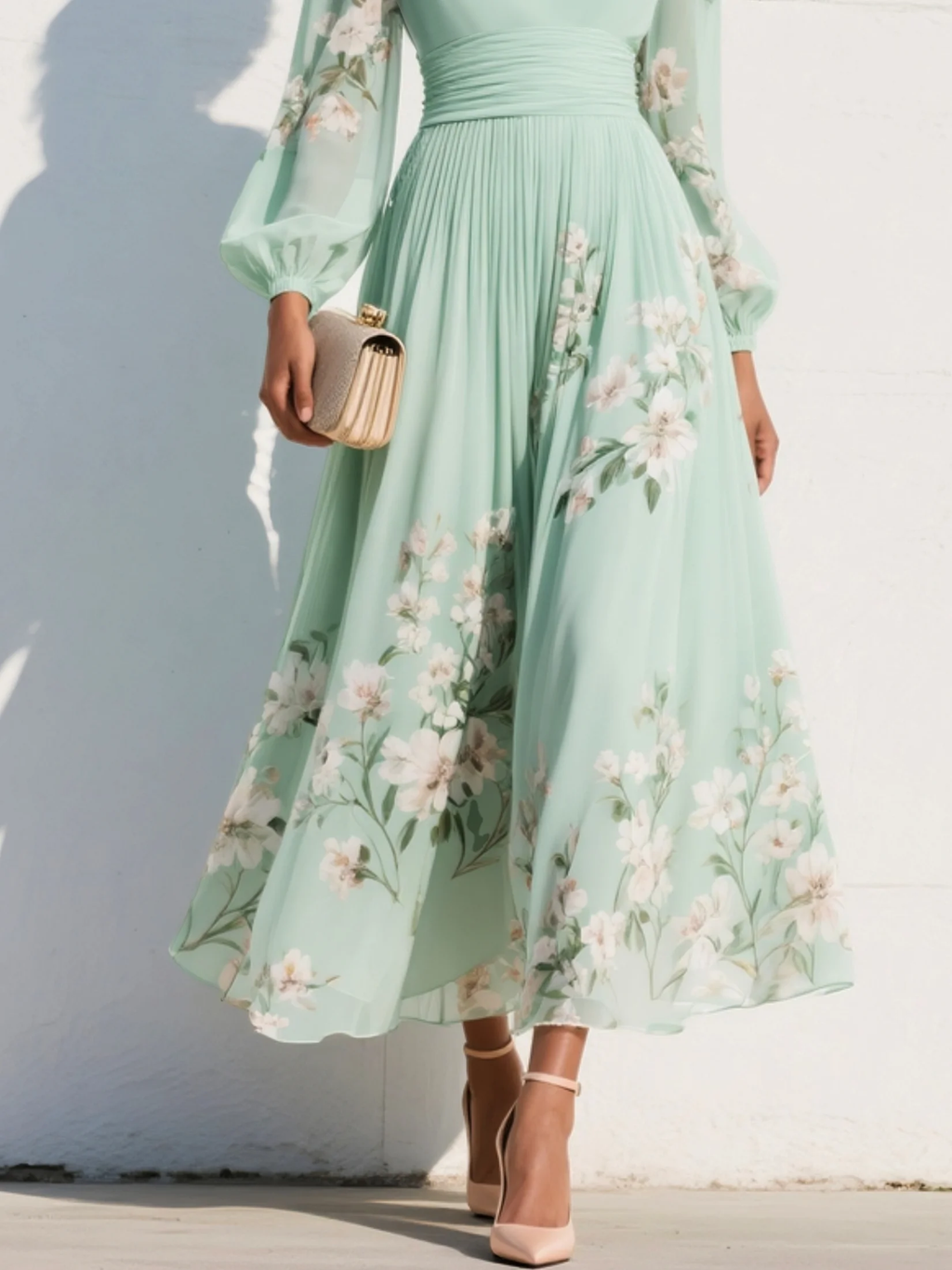 Jasnozielony sukienka midi w chiffon z blomsterprint w Dekolt w serek