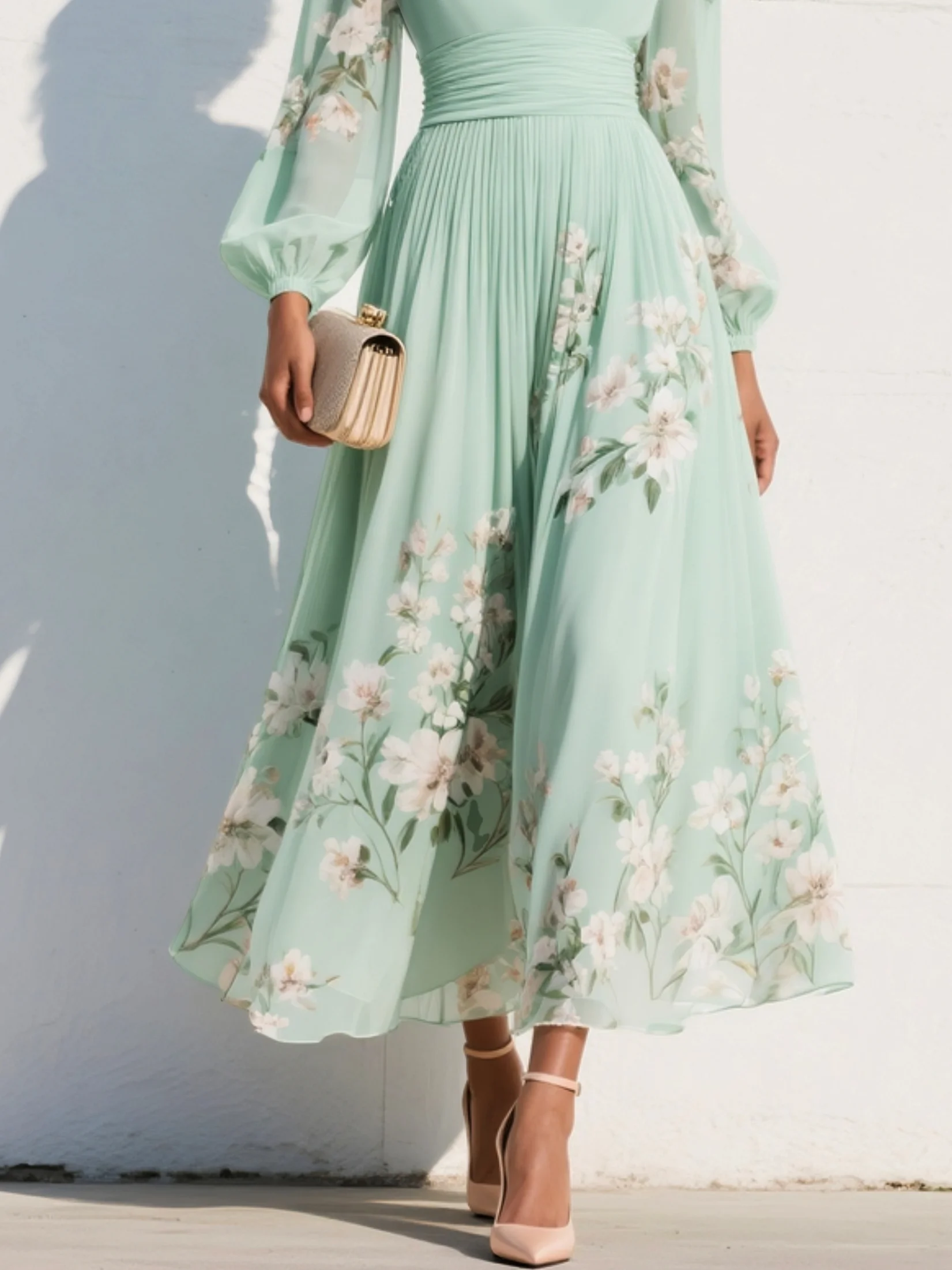 Jasnozielony sukienka midi w chiffon z blomsterprint w Dekolt w serek