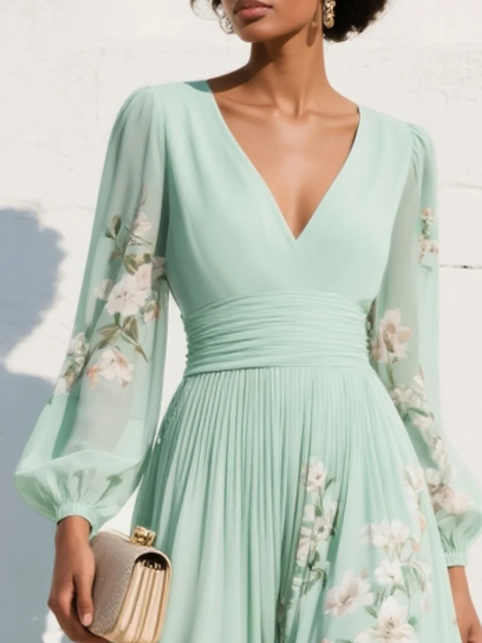 Jasnozielony sukienka midi w chiffon z blomsterprint w Dekolt w serek