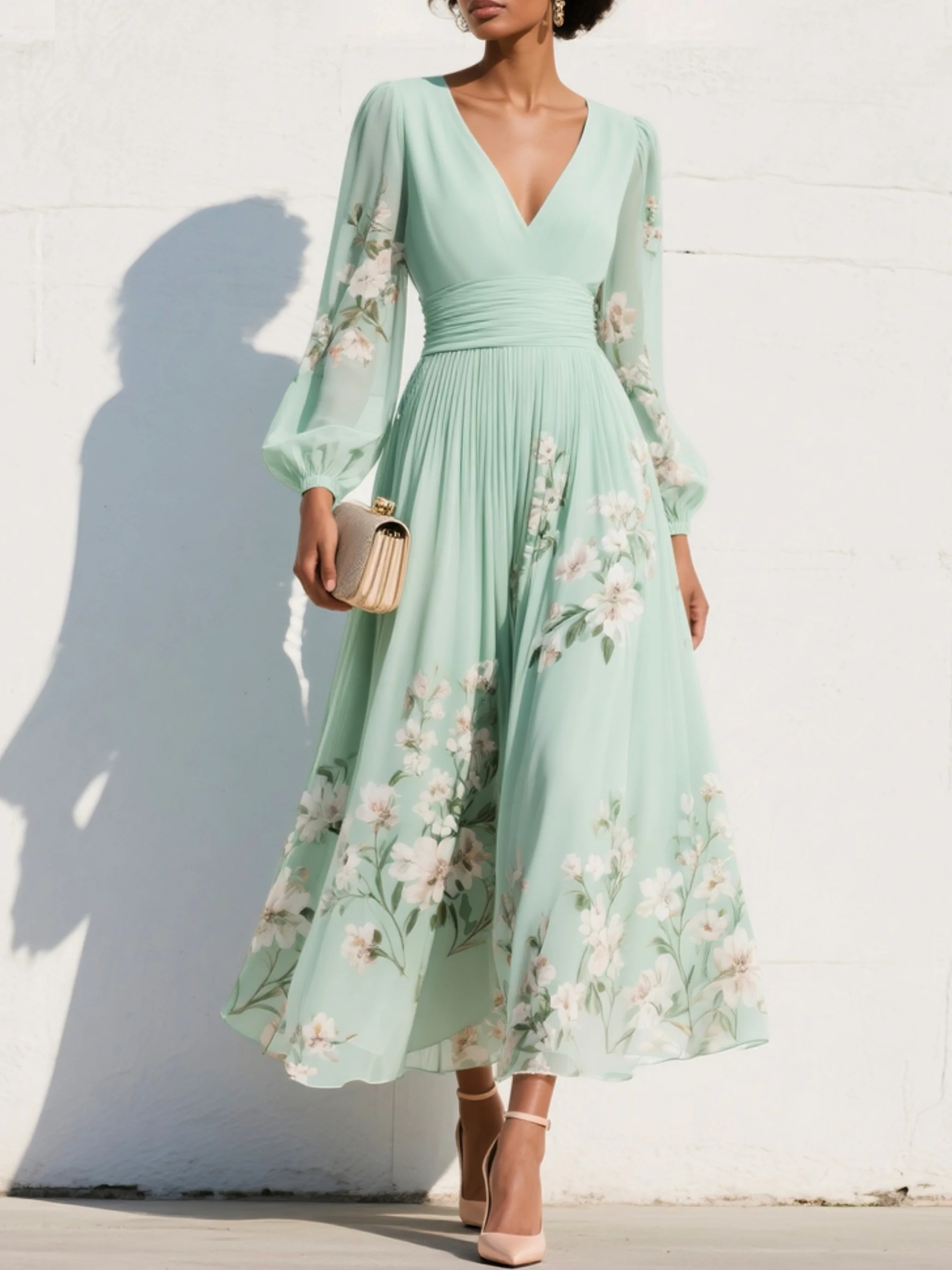 Jasnozielony sukienka midi w chiffon z blomsterprint w Dekolt w serek