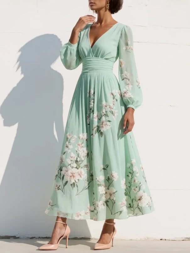 Jasnozielony sukienka midi w chiffon z blomsterprint w Dekolt w serek