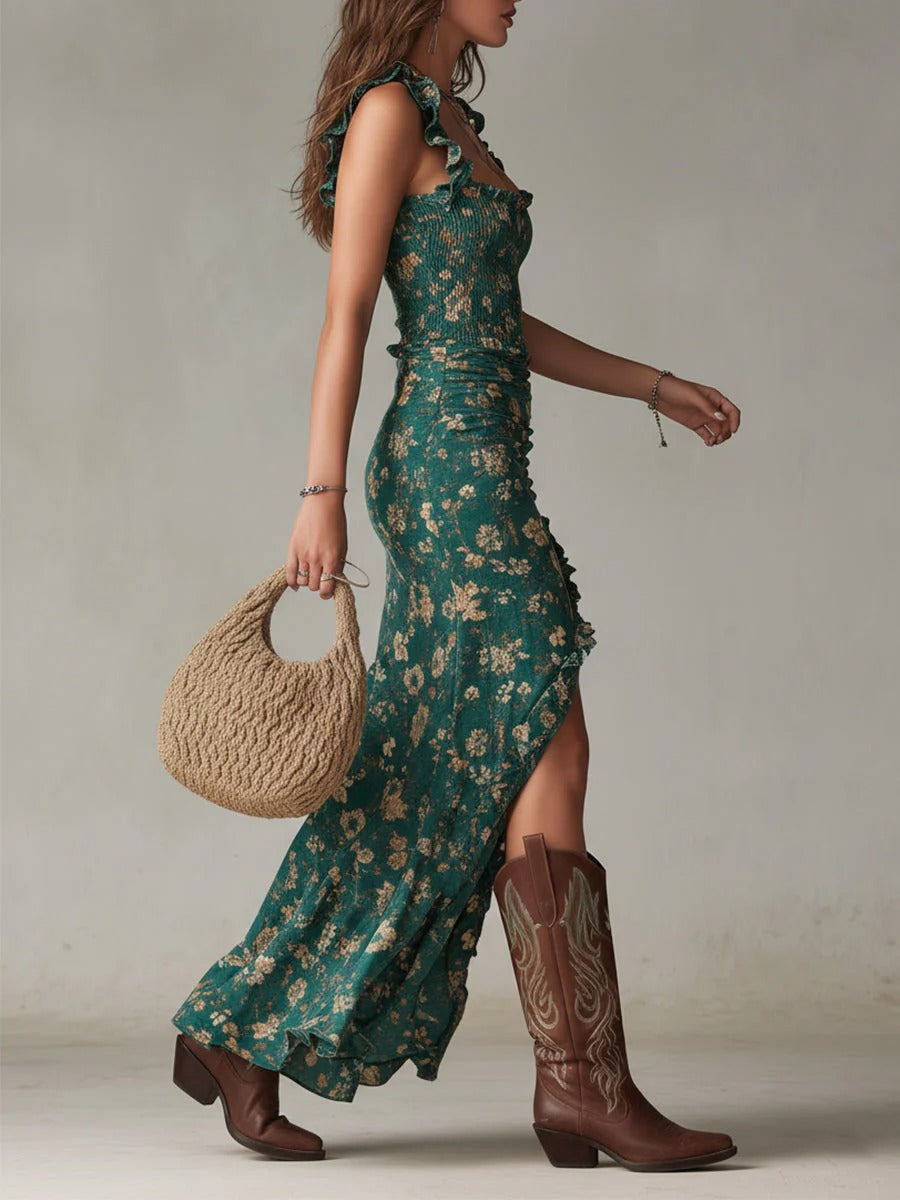 ZARA | RETRO-BOHO-sukienka maxi z FLYTENDE ERMER w SIDESPLITT