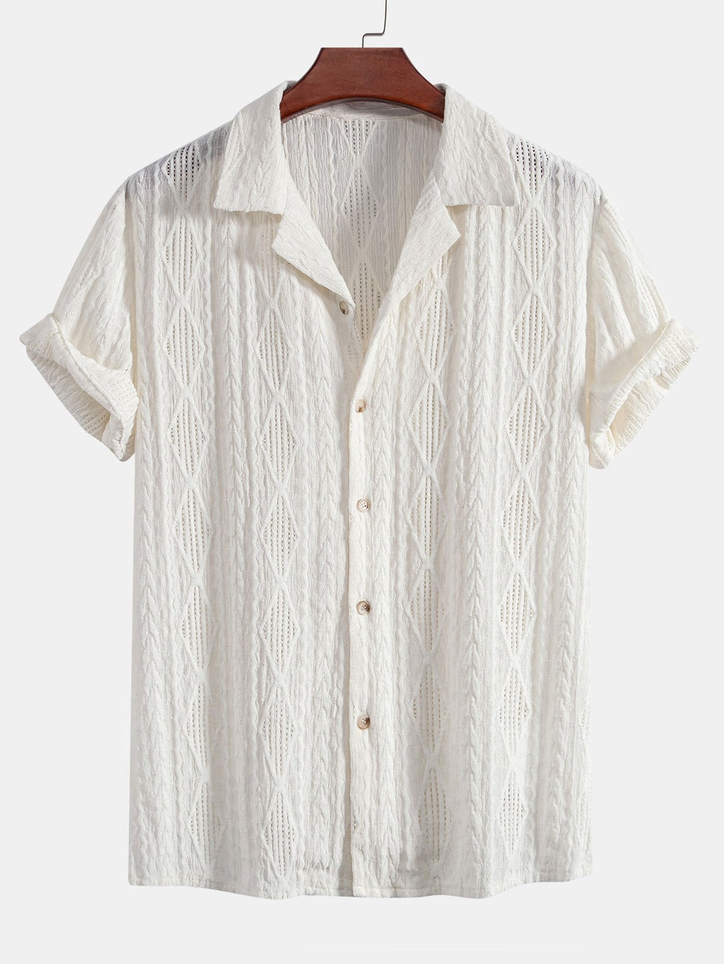 Geometrisk jacquard eyelet cubansk koszula w krøllete tekstur trekksnor krótkie Spodnie