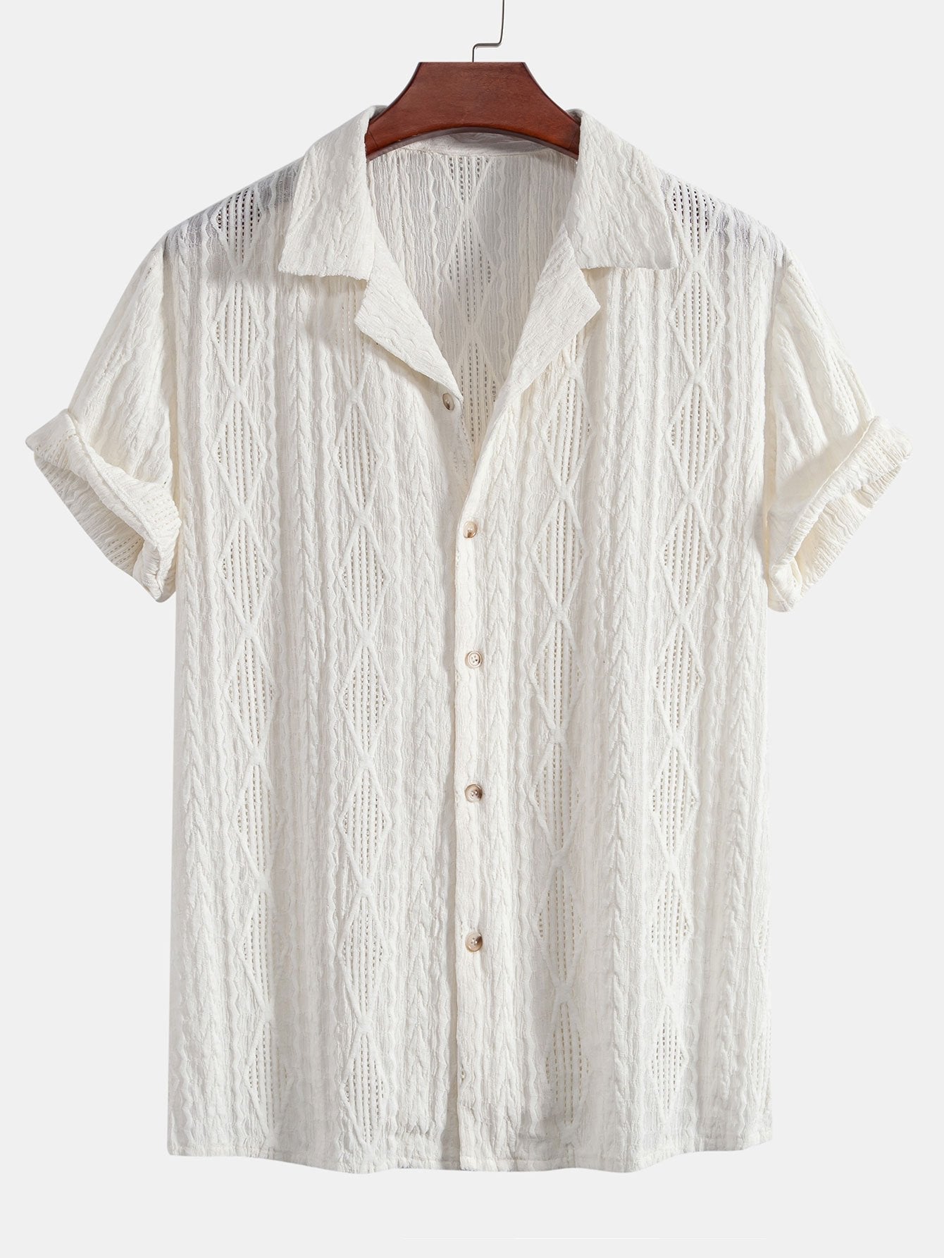 Geometrisk jacquard eyelet cubansk koszula w krøllete tekstur trekksnor krótkie Spodnie