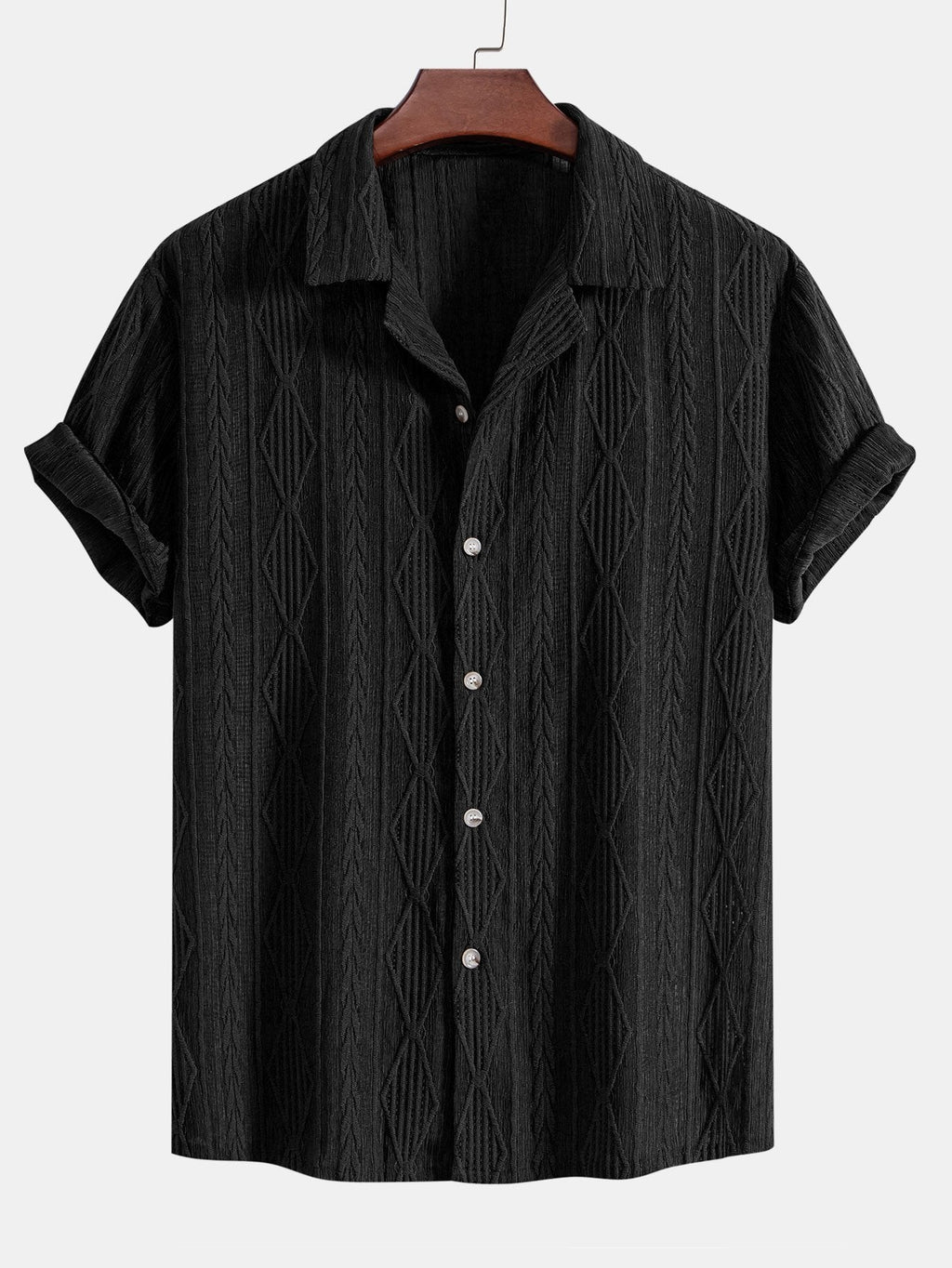 Geometrisk jacquard eyelet cubansk koszula w krøllete tekstur trekksnor krótkie Spodnie